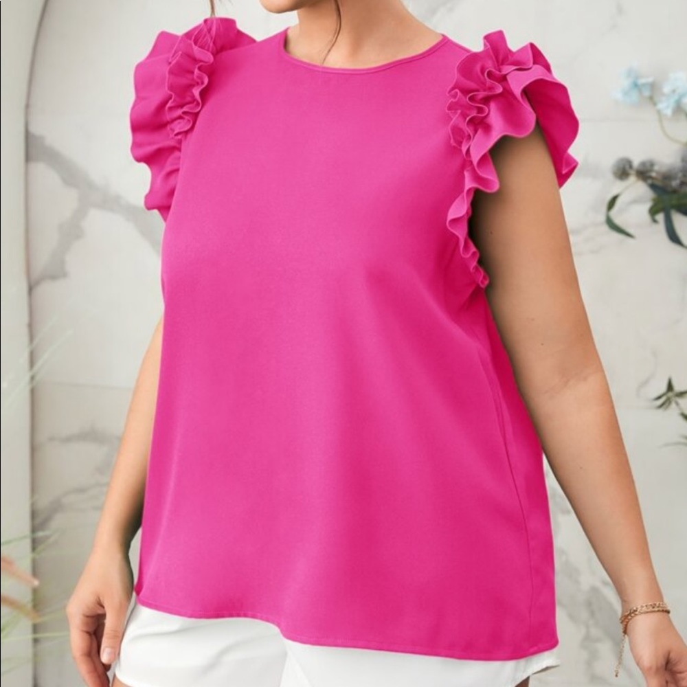 Plus Size Ruffle Cap Sleeve Office Work Top Blouse Blue - Picture 8 of 10